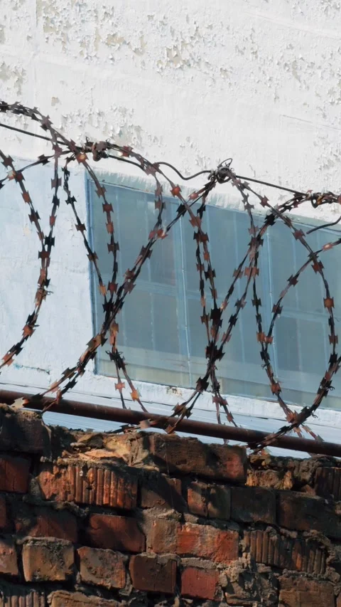 A fence with barbed wire. Colony, prison, correctional camp for prisoners. Stock Footage 285305097