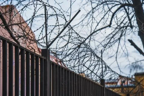 Fence with barbed wire. focus with shallow depth of field Stock Photos