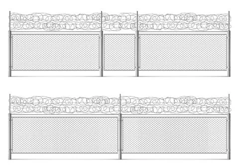 Fence with barbed wire, metal grid with gate 3d Stock Illustration