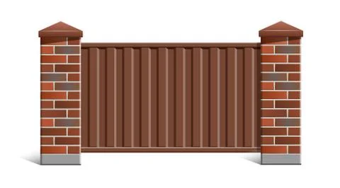 Fence with brick pillars and metal profile. Stock Illustration