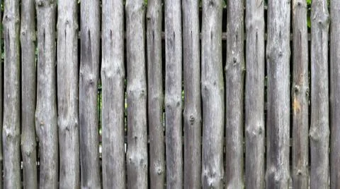 The fence is built of logs. Gray background. Rough logs wall vertical backgro Stock Photos