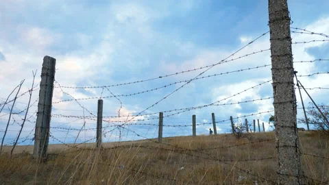 The fence of concrete pillars and rusty barbed wire. Stock Footage 98028587