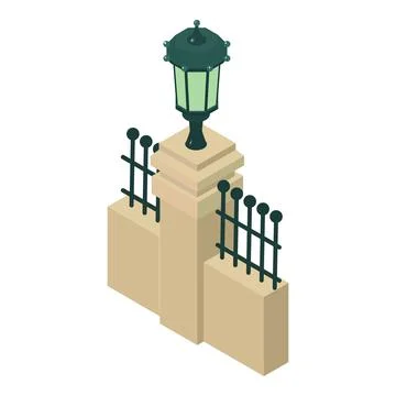 Fence element icon isometric vector. Fence with stone pillar and streetlight Stock Illustration