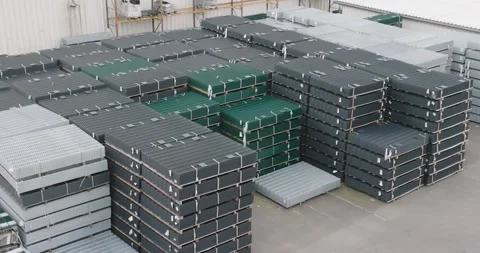 Fence Elements Stacked on Factory Grounds Stock Footage 340294792
