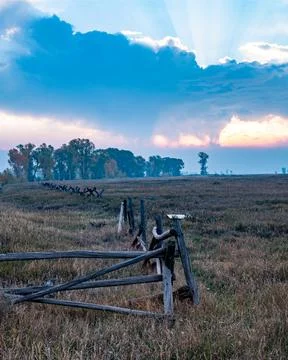 A fence in a field with a cloudy sky in the background Foto stock