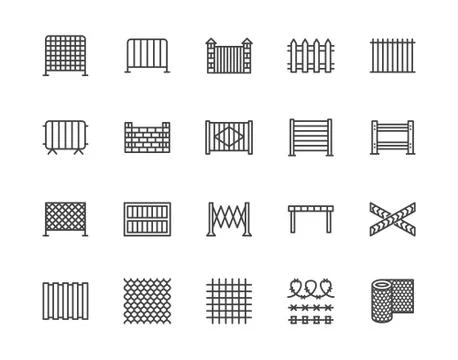 Fence flat line icons set. Wood fencing, metal profiled sheet, wire mesh, crowd イラスト素材