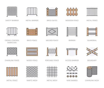 Fence flat line icons set. Wood fencing, metal profiled sheet, wire mesh, crowd Stock Illustration