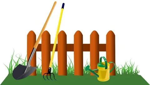 Fence in grass with garden tools Stock Illustration