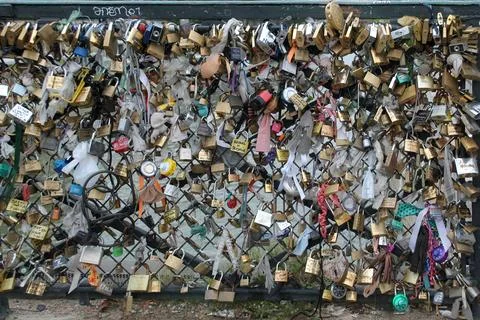 Fence with keepsake locks. Stock Photos