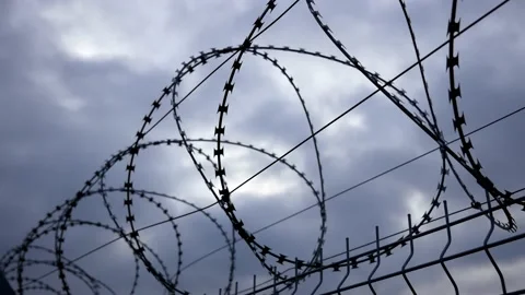 Fence from a lattice and a barbed wire Stock Footage 143879664