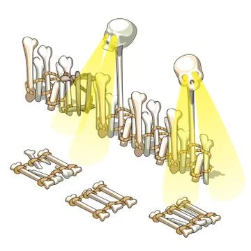 A fence made of human bones and the glowing skulls isolated on white background Stock Illustration
