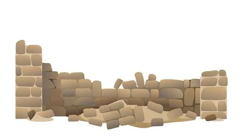 Fence made of rounded stones with supports and foundation. Destroyed old one. 스톡 일러스트