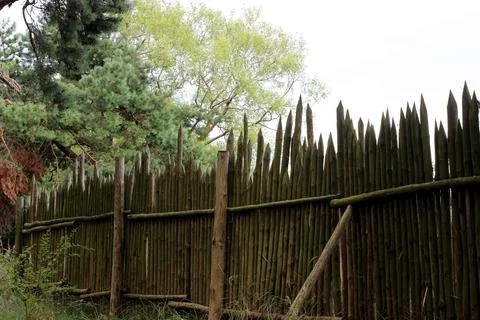 Fence made of sharp wooden posts for protection Stock Photos