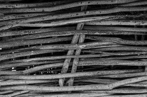 Fence made of tree branches boards Stock Photos