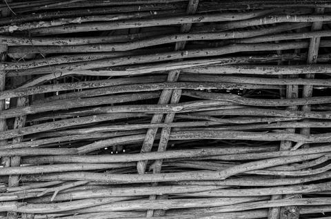 Fence made of tree branches boards Stock Photos