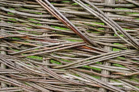 Fence made of tree branches boards Stock Photos