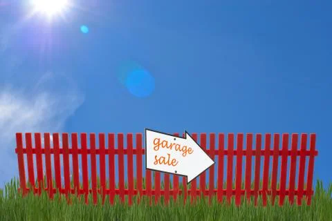 Fence red arrow pointer garage sales on bright blue sky Stock Photos