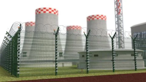 Fence security object nuclear power plant with power of detention. 3d Stock Illustration