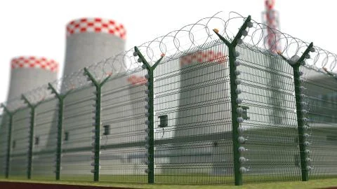 Fence security object nuclear power plant with power of detention. 3d Stock Illustration