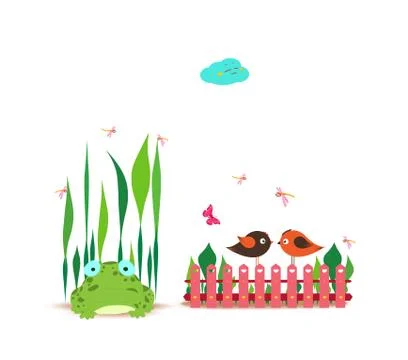 Fence with spring couple bird and frog Stock Illustration