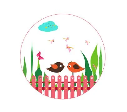 Fence with spring couple bird Stock Illustration