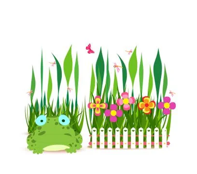 Fence with spring flowers and frog Stock Illustration