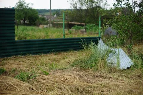 Fence torn off by a strong wind is lying on dry grass. Aftermath of hurricane Stock-Fotos