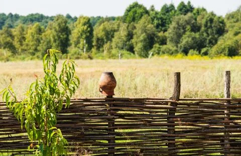 Fence wicker from the vine, texture, background. Wicker vine fence. woven vin Stock Photos