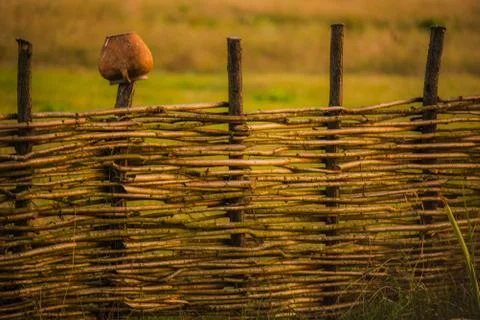 Fence wicker from the vine, texture, background. Wicker vine fence. woven vin Stock Photos