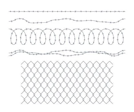 Fence from wire barbed and wire mesh line set. Black silhouette fence, decora Illustrazione stock