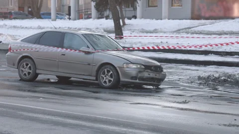 Fenced car, crushed car, caution tape 스톡 동영상 253867066
