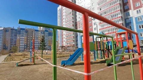 Fenced with security tape. The Playground is empty Stock Footage 127945215
