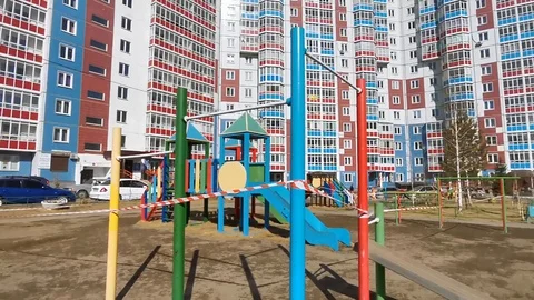Fenced with security tape. The Playground is empty Stock Footage 127945216