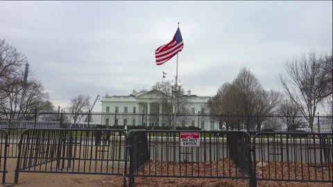 Fenced off White house, restricted, secret service, Huge flag. Stock Footage 327094076