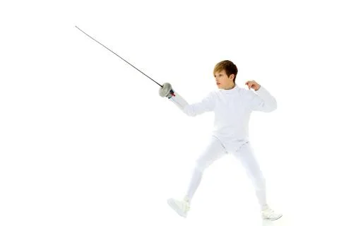Fencer boy practicing effective technique Stock Photos