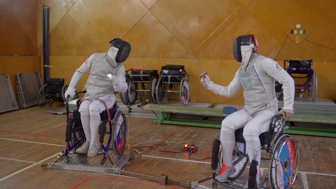 Fencers disabled fighting with swords Stock Footage 102231585