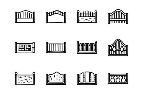 Fences line vector doodle simple icon set Stock Illustration