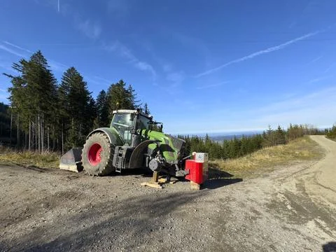  Fendt tractor with a flat tire on the way up to Edelsberg mountain in Nes... Stock Photos