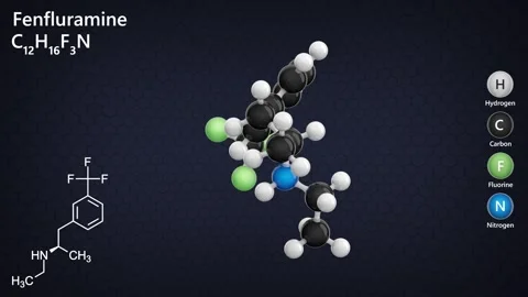 Fenfluramine. 3D model of a molecule. C12H16F3N. Dark background. 3D rendering Stock Footage 288999660