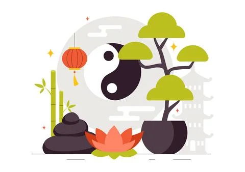 Feng Shui Oriental Philosophy Vector Illustration Featuring Stones and Plan.. Stock Illustration