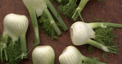 Fennel vegetable bulb top view. Fresh raw ripe vegetables, table spin. Stock Footage 279176220