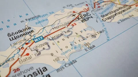 Feodosia to kerch road map on detailed atlas, gliding view over Stock Footage 340105545