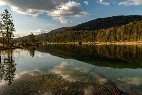 The Ferchensee with its great reflections on sunset Stock Photos
