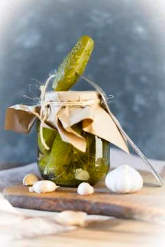 Fermented cucumbers on a dark background. Cucumber on a fork. Stock Photos