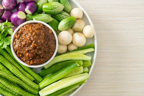 Fermented Fish Chili Paste with Fresh Vegetables Stock Photos