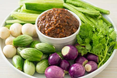 Fermented Fish Chili Paste with Fresh Vegetables Stock Photos