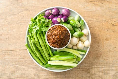 Fermented Fish Chili Paste with Fresh Vegetables Stock Photos