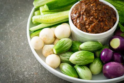 Fermented Fish Chili Paste with Fresh Vegetables Stock Photos