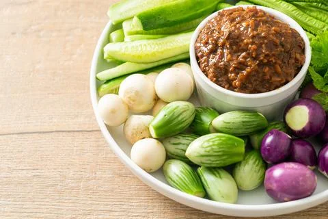 Fermented Fish Chili Paste with Fresh Vegetables Stock Photos