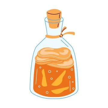 Fermented kombucha in a glass flask with ginger pieces Stock Illustration